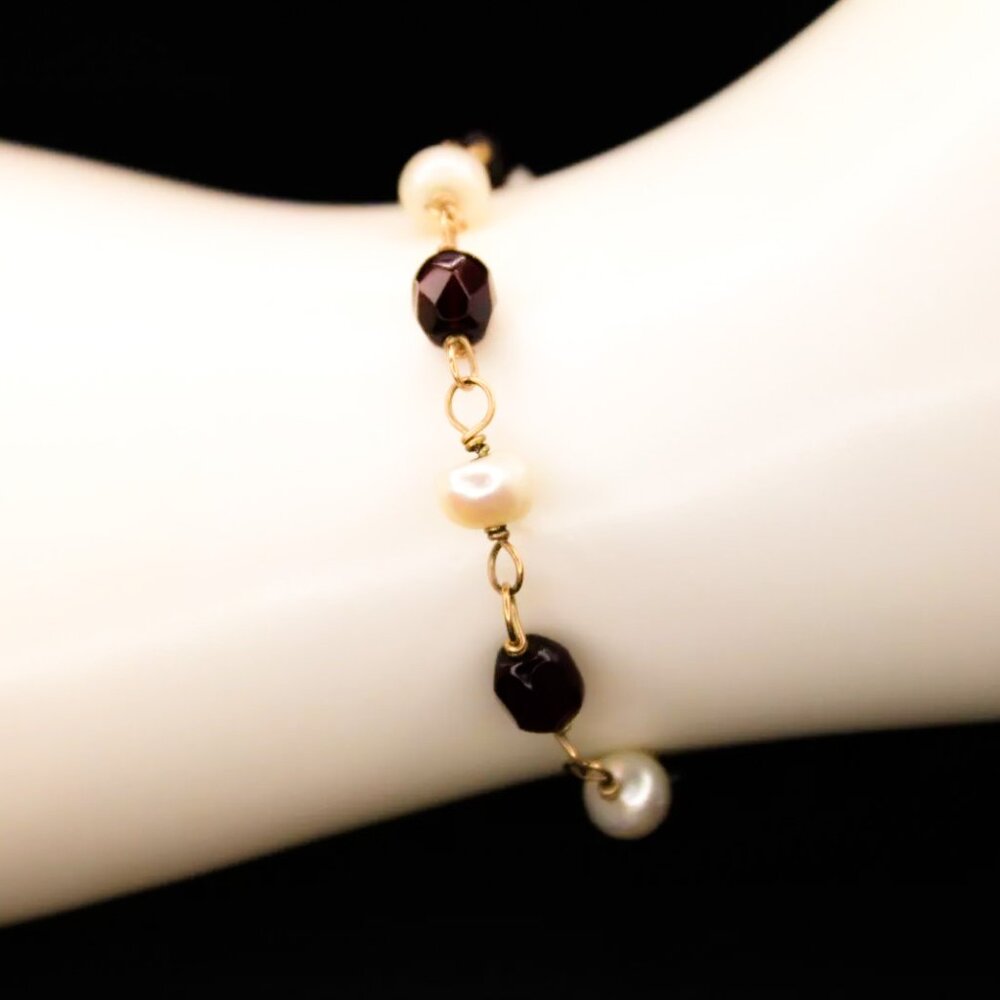 14k Gold Filled Vintage Pearl & Deep Red Crystal Beaded Link Bracelet